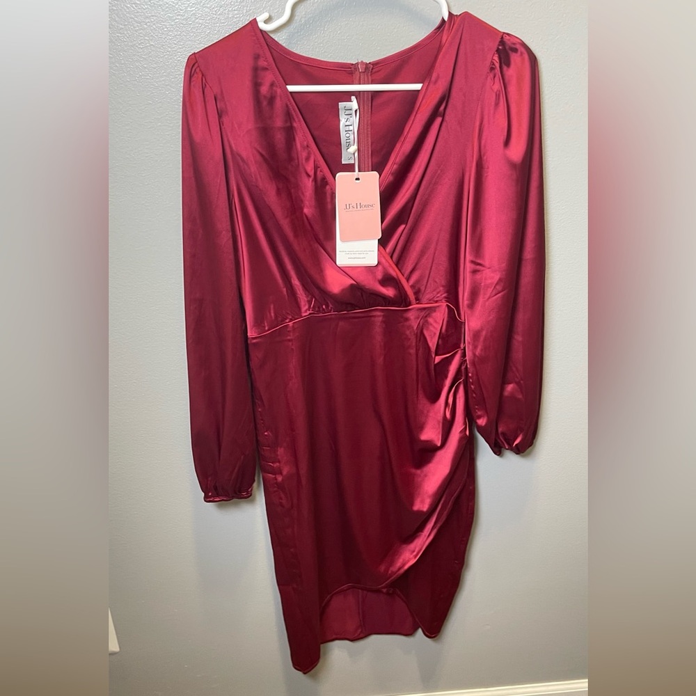 JJ’s House NEW Pleated V-Neck Long Sleeve‎ Sheath/Column Satin Midi Dress Size S